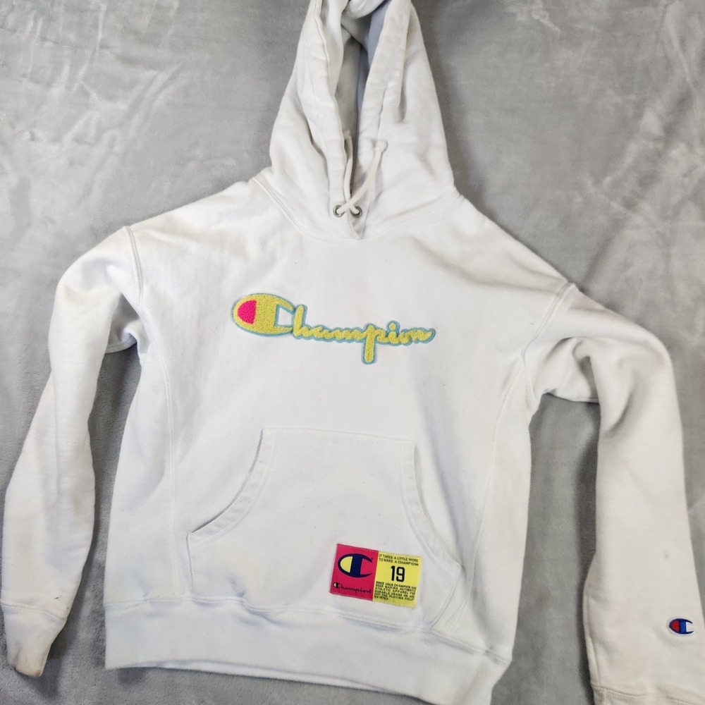 Champion Reverse Weave Hoodie White Chenille Script Logo Sweatshirt S 90s Y2K